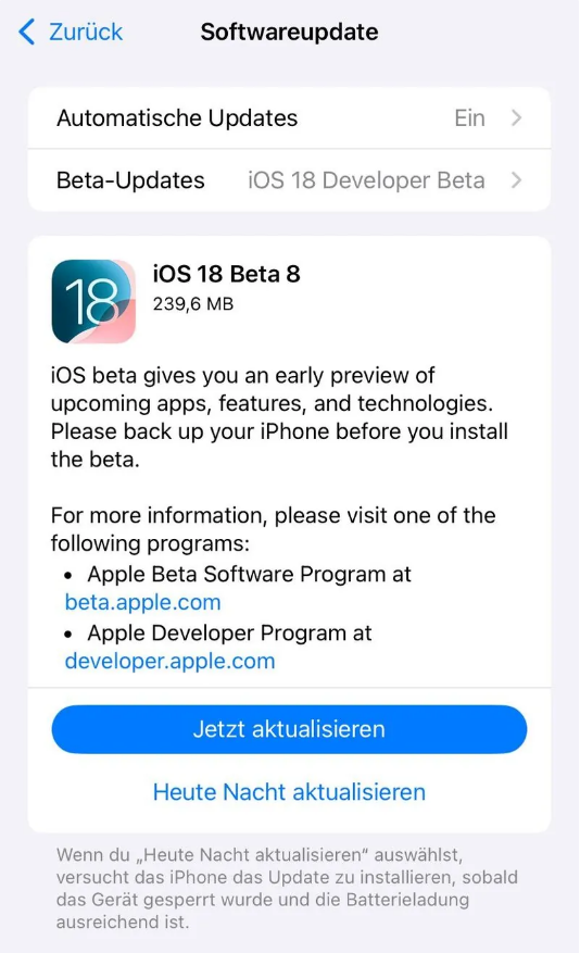 丰镇苹果手机维修分享苹果 iOS / iPadOS 18 开发者预览版 Beta 8 发布 